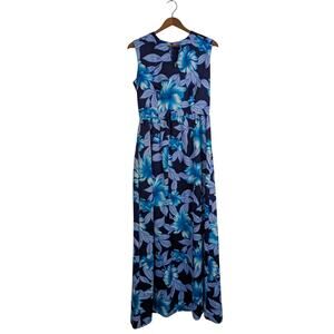 Vtg Pomare Hawaiian Maxi Dress Blue Hibiscus Tropical Floral Resort Womens 8